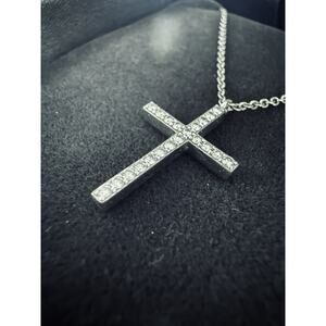 Tiffany & co. 18k White Gold Metro Cross Diamond Pendant Necklace 16”